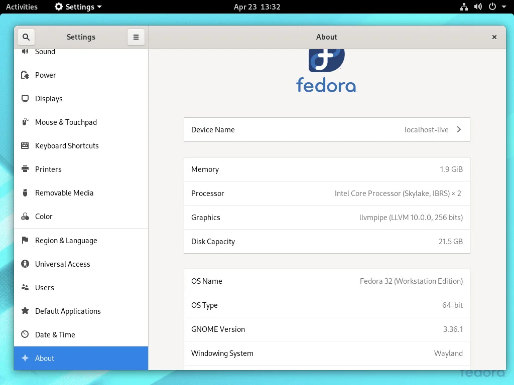 Settings on Fedora 32