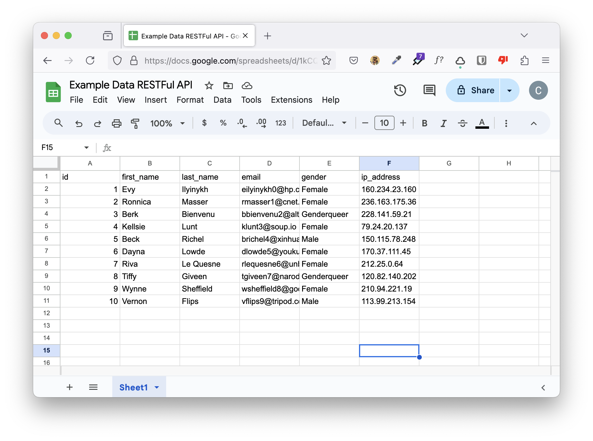 Example Data API with Google Sheets